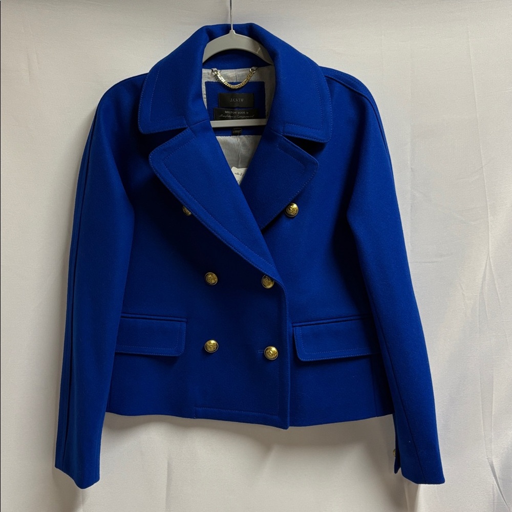 J. Crew Melton Wool Double Breasted Cropped Pea Coat Royal Blue Size 8 NWT - Picture 2 of 8